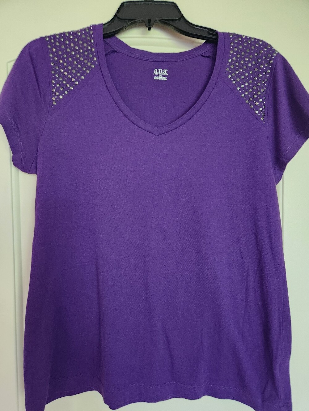 a.n.a Purple V-Neck Short Sleeve Tee with Studded Shoulders